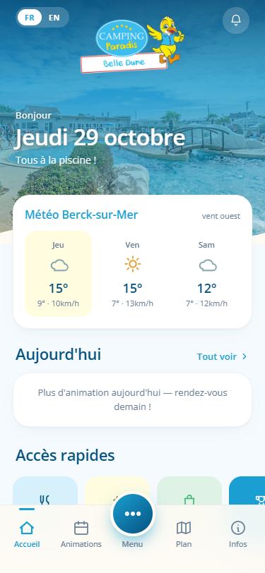 Accueil de l'app Belle Dune